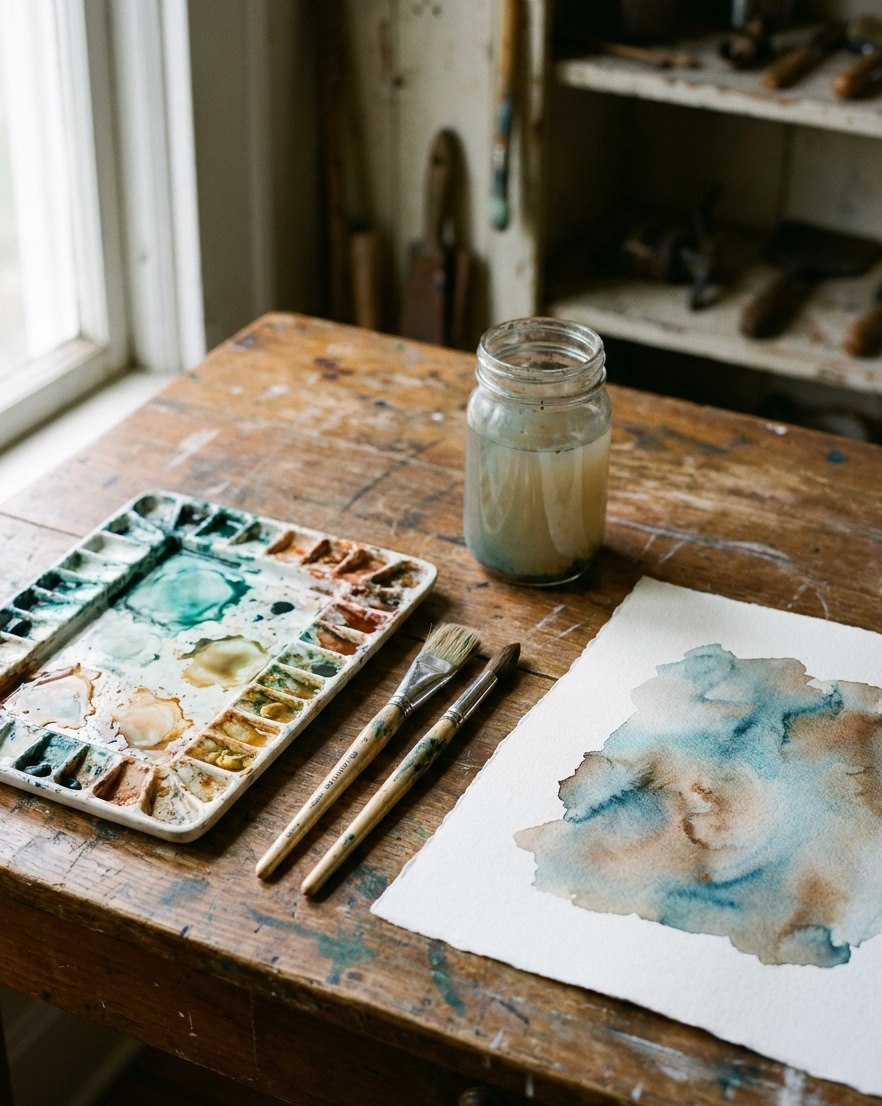 A used watercolour palette, brushes and a sheet of paper with an unfinished wash